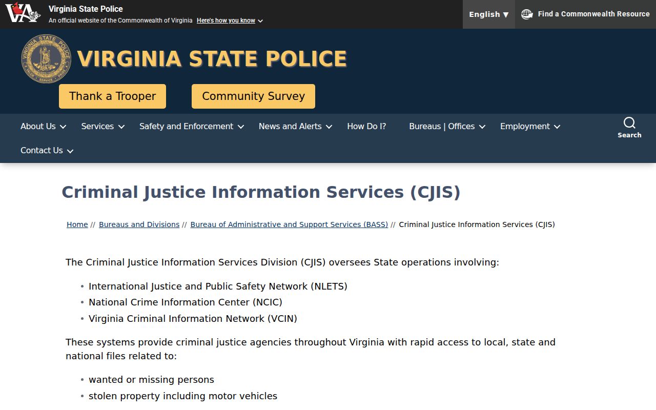 Culpeper County arrest cycle records at the Virginia State Police CCRE