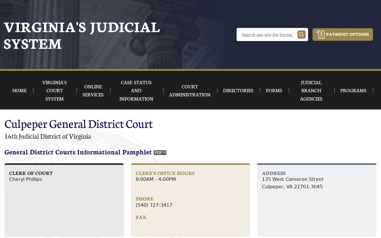 Culpeper County criminal court case General District Court page