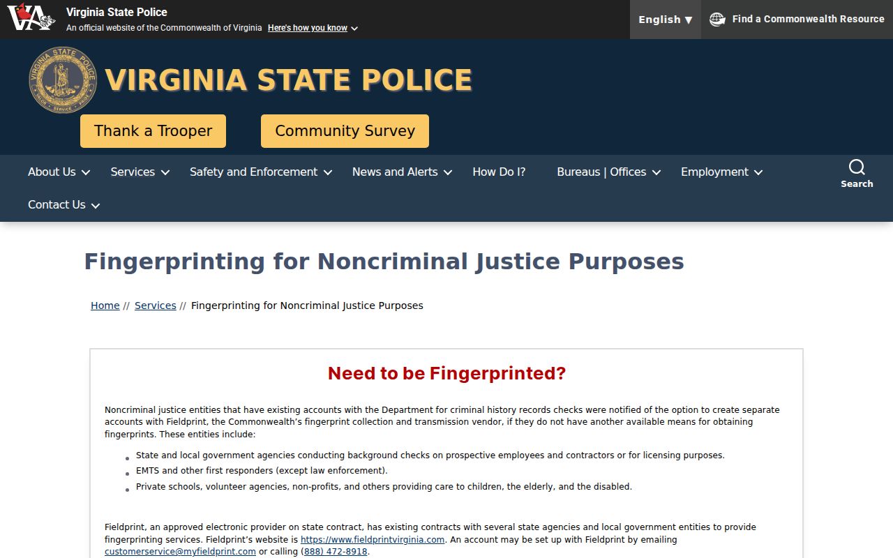 Culpeper County criminal history fingerprint guidance