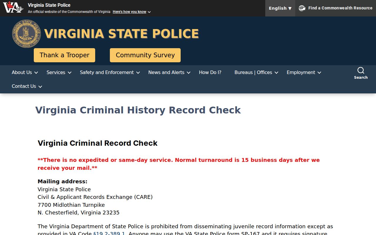 Culpeper County criminal history official VSP background check page