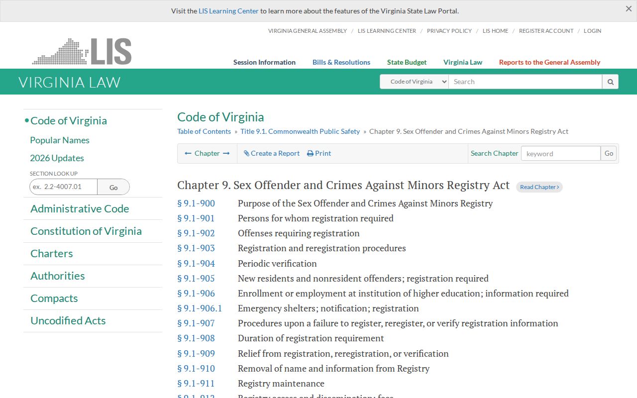 Culpeper County sex offender registry law in the Virginia Code